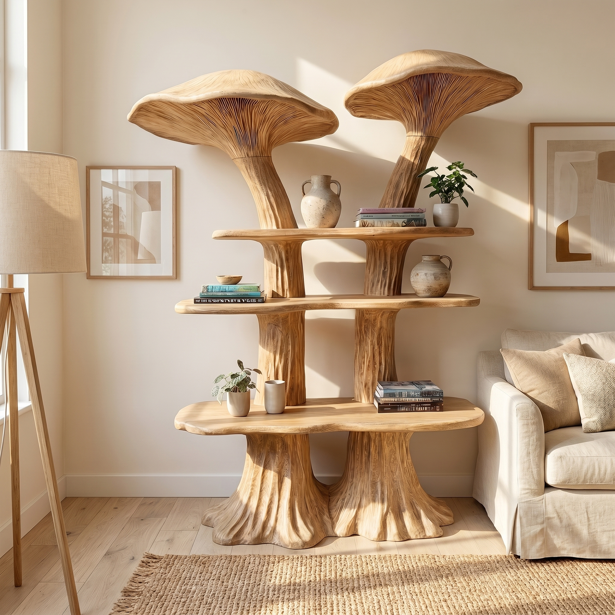 Rustic Mushroom Bookshelf With Handcrafted Solid Wood Shelves For Living Room