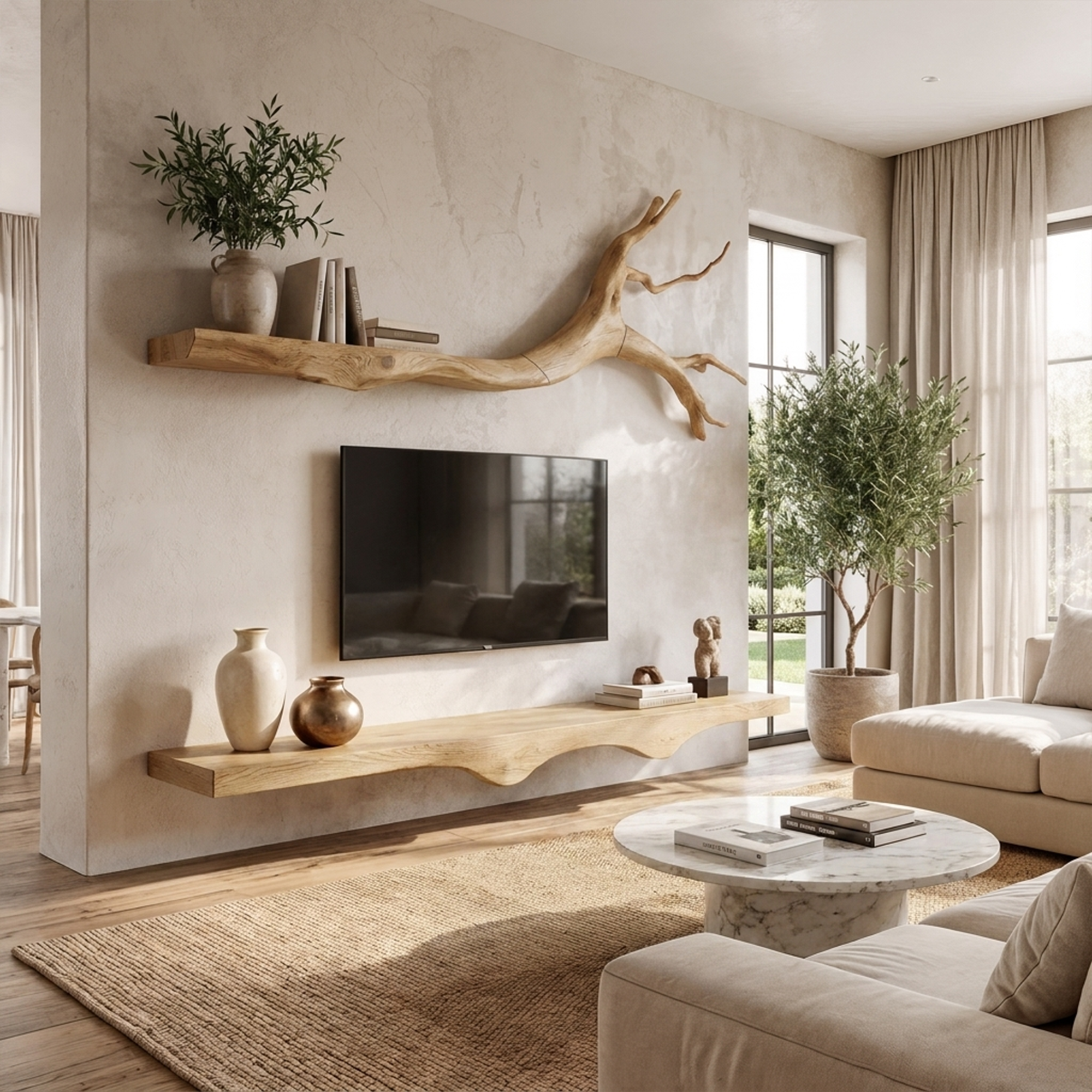 Set 2 Pieces Rustic Floating Wall TV Console Solid Wood Bedroom Living