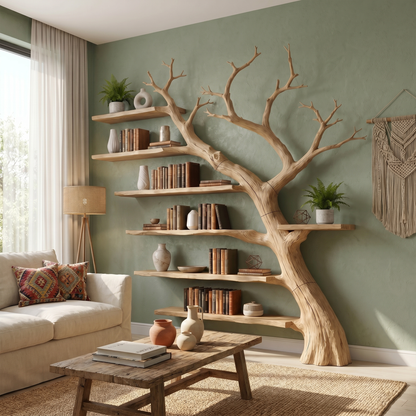 Rustic Branch Bookshelf Home Office Artistic Wall Decor
