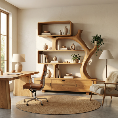 Sculptural Wood Display Shelf With Storage For Living Room