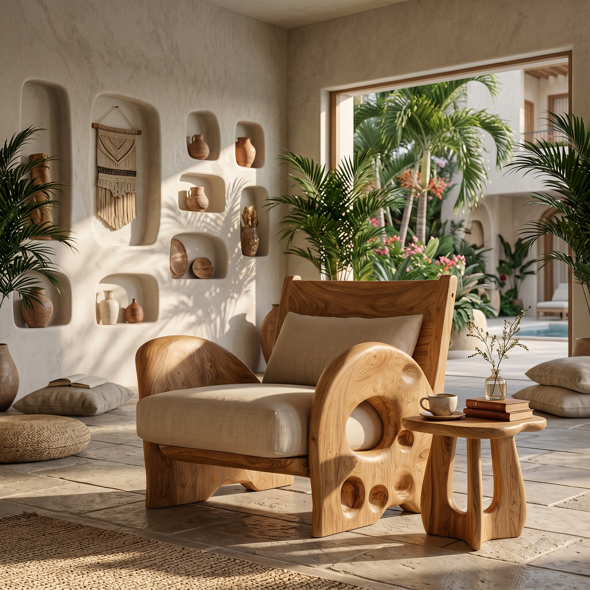 Sculptural Wooden Armchair For Living Room