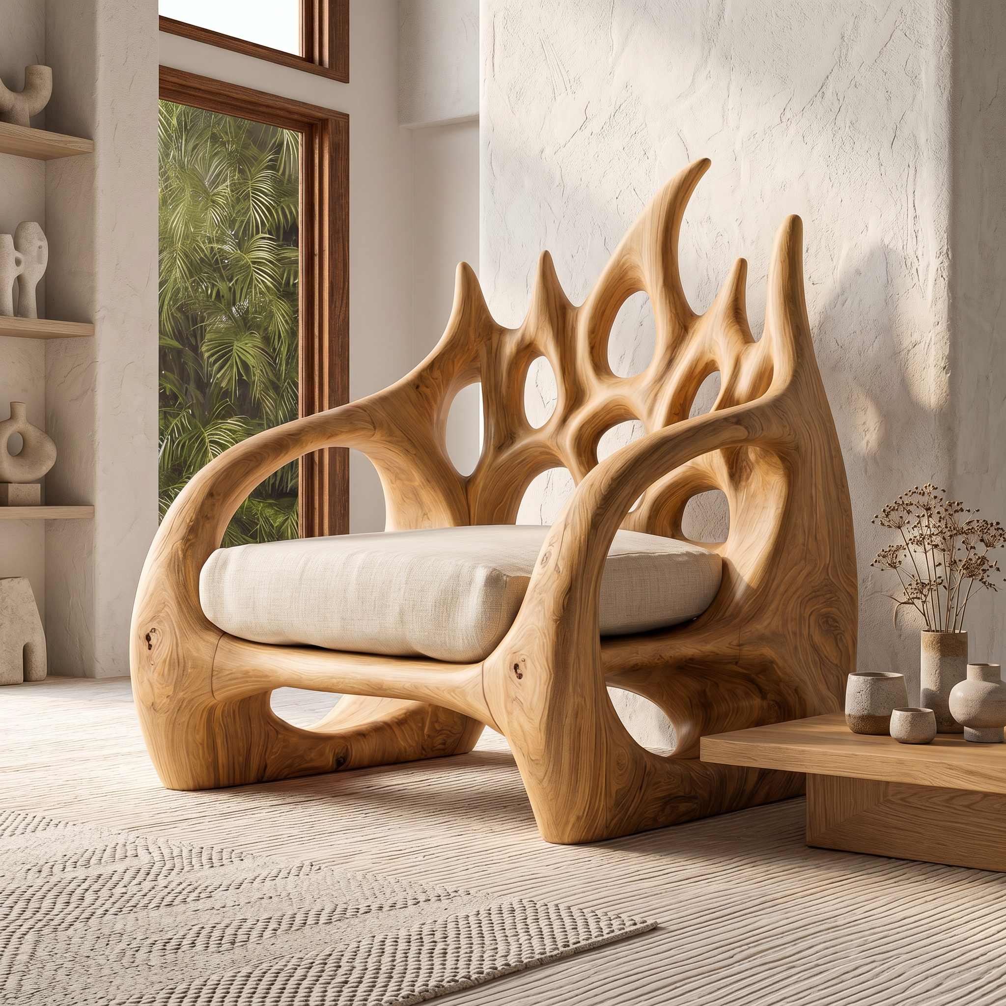 Contemporary Armchair With Organic Wood Silhouette For Living Room Decor