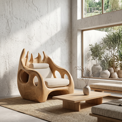 Nature Inspired Armchair With Handcrafted Wooden Structure For Living Room