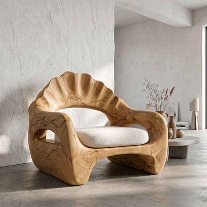 Sculptural Lounge Chair With Handcrafted Wooden Structure For Living Room