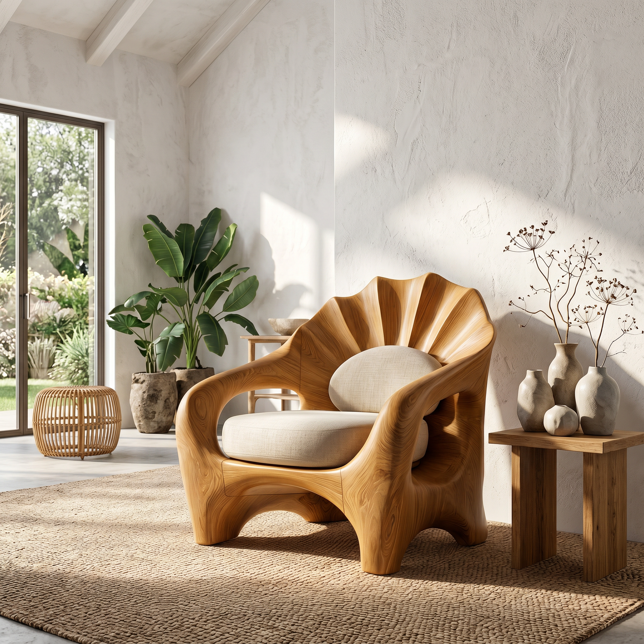 Nature Inspired Armchair With Sculptural Solid Wood Frame For Living Room And Bedroom