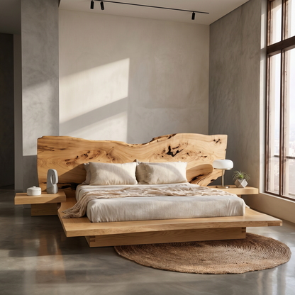 Rustic Live Edge Bed Frame With Sculptural Headboard For Bedroom