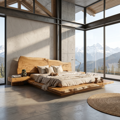 Organic Sculptural Bed Frame With Handcrafted Solid Wood Headboard And Floating Platform Design For Bedroom