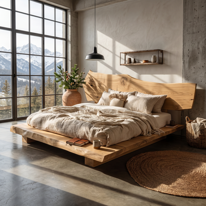 Rustic Bed Frame With Natural Wood Headboard For Bedroom