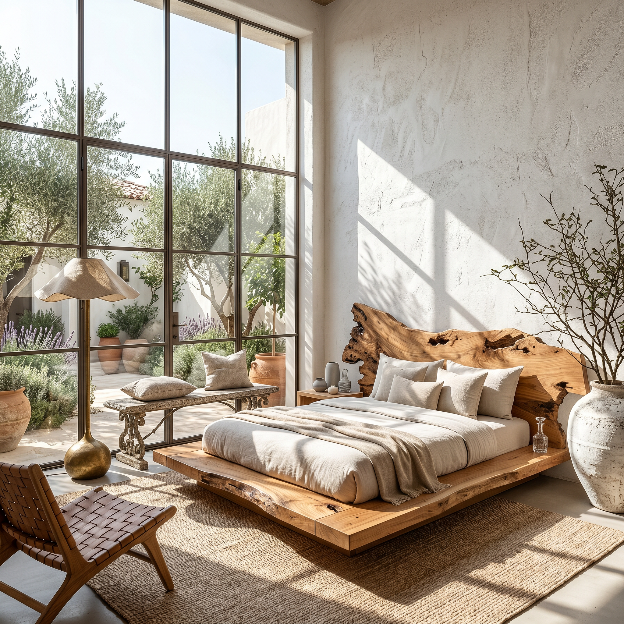 Contemporary Low Profile Bed Frame With Organic Wood Headboard For Bedroom