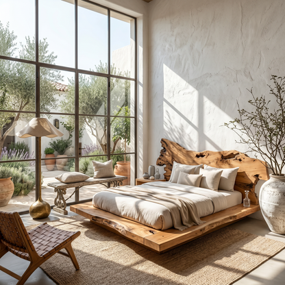 Contemporary Low Profile Bed Frame With Organic Wood Headboard For Bedroom