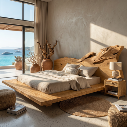 Modern Bed Frame With Live Edge Wood Headboard For Bedroom