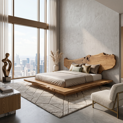 Luxury Organic Bed Frame With Sculptural Solid Wood Headboard And Floating Platform Design For Bedroom