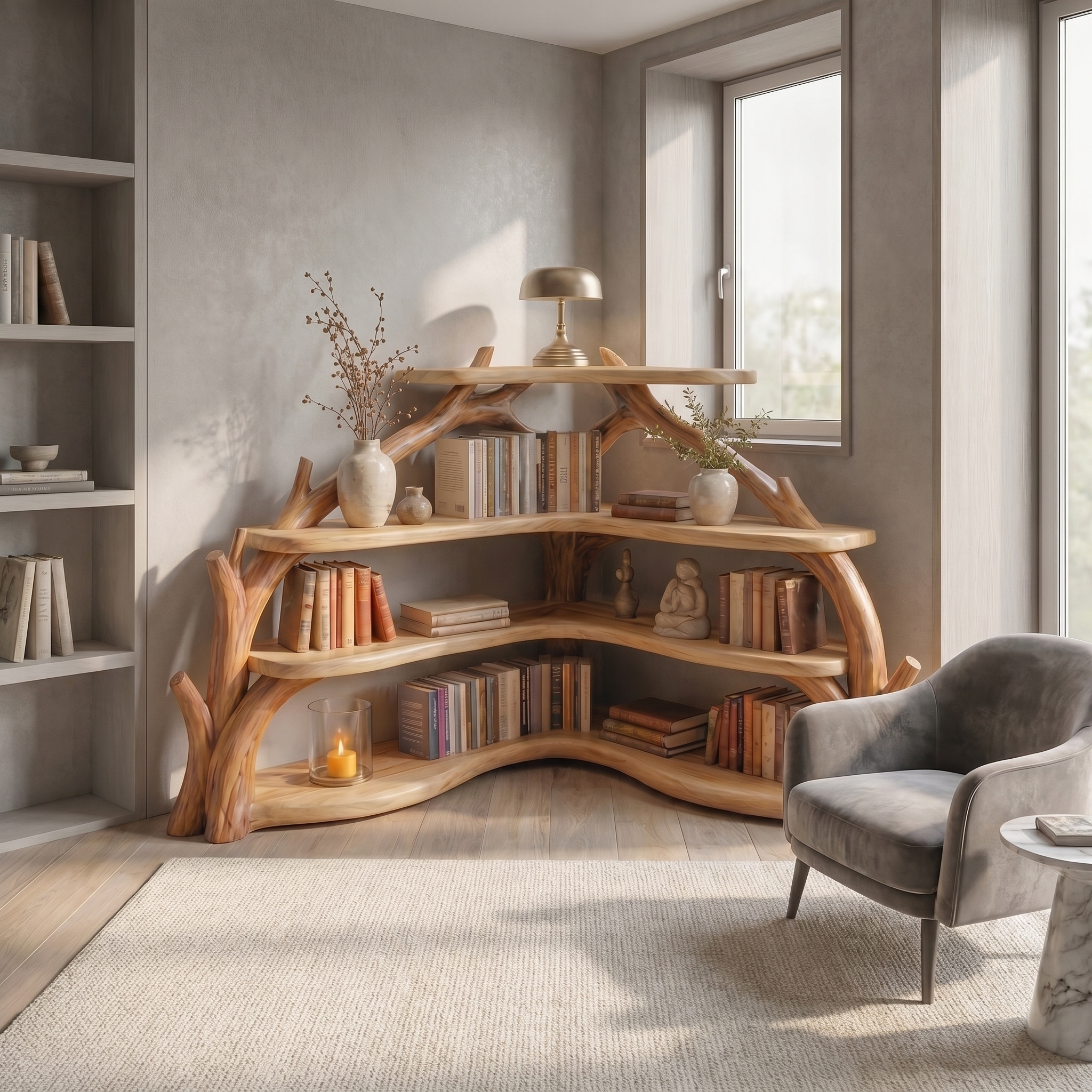Sculptural Corner Bookcase With Natural Branch Design For Living Room