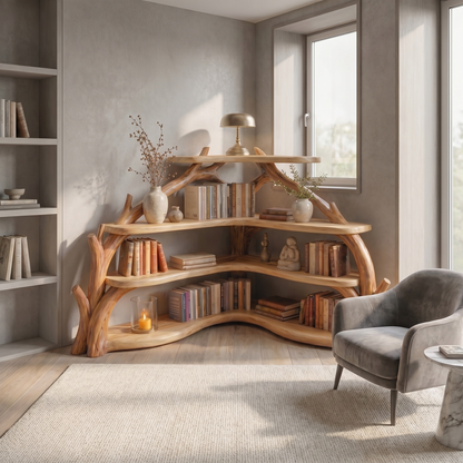 Sculptural Corner Bookcase With Natural Branch Design For Living Room