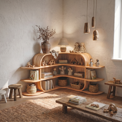 Scandinavian Arched Corner Bookshelf With Multi Tier Open Shelves For Living Room And Bedroom