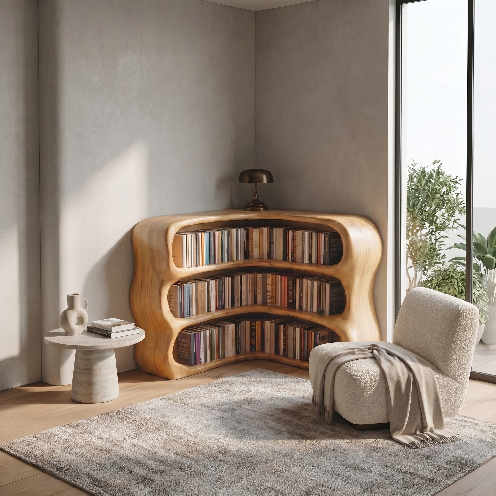 Modern Curved Bookshelf With Sculptural Open Shelves For Living Room And Bedroom