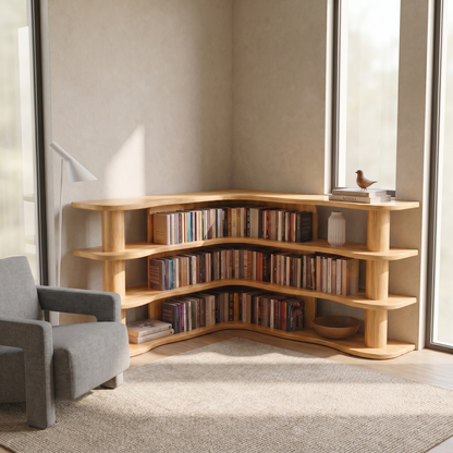 Scandinavian Corner Bookshelf With Rounded Multi Tier Wooden Shelves For Living Room And Bedroom
