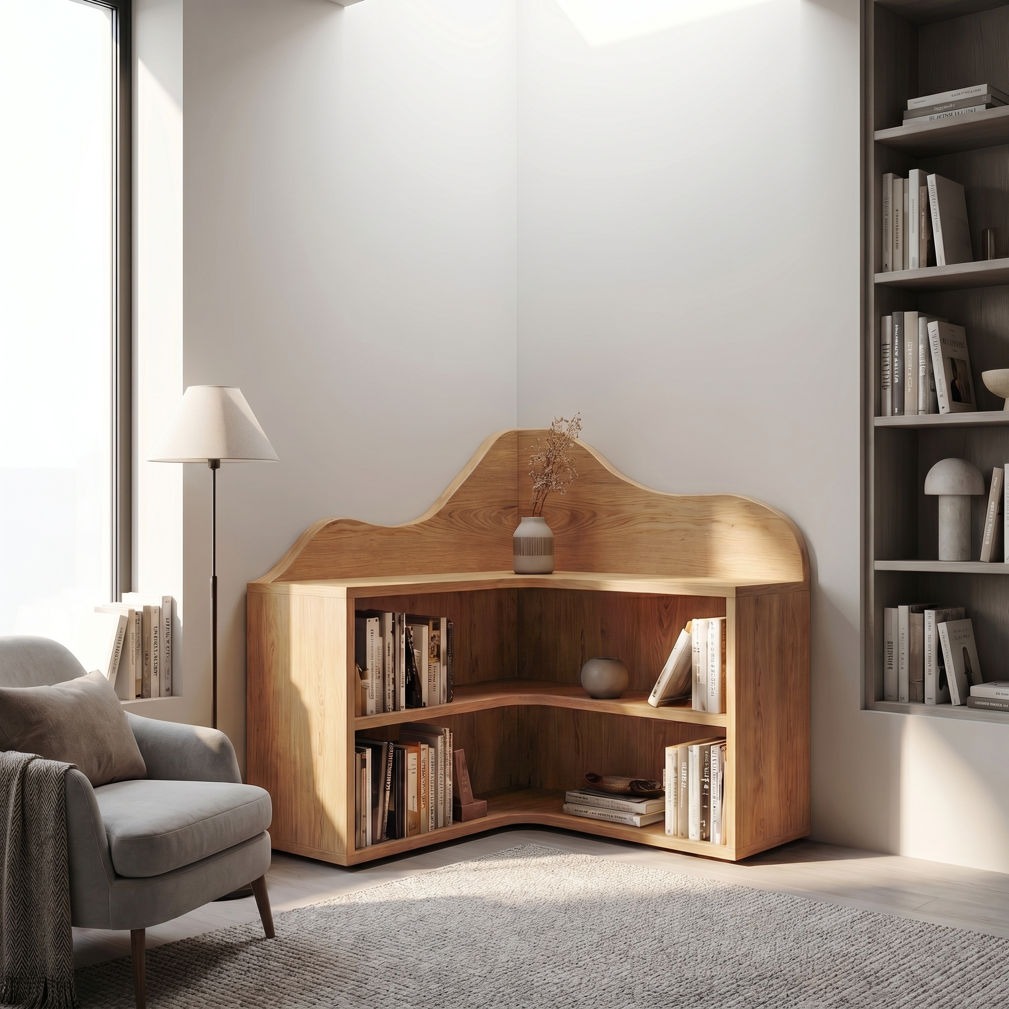 Organic Corner Bookshelf With Sculptural Curved Shelves And Open Storage For Living Room And Bedroom