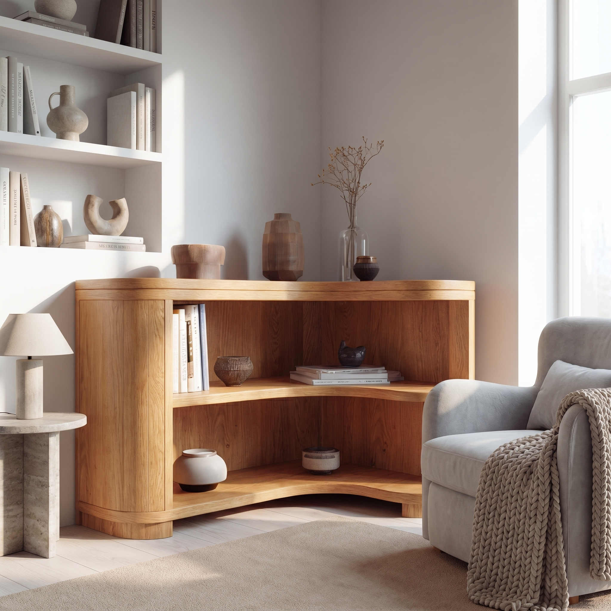Modern Organic Corner Bookshelf With Solid Wood Open Shelves And Curved Design For Living Room And Bedroom