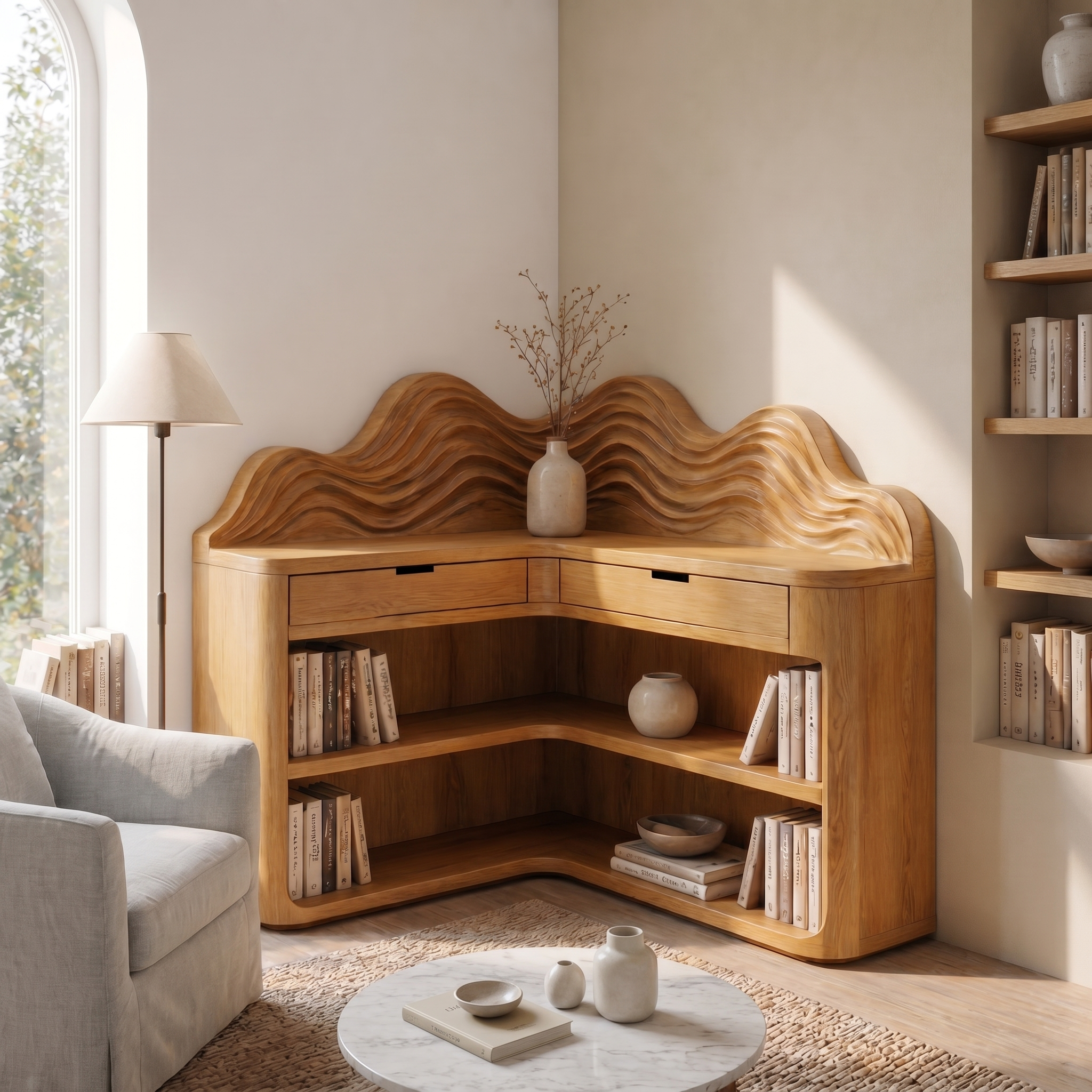 Scandinavian Wave Top Corner Bookshelf With Multi Tier Open Shelves For Living Room And Bedroom