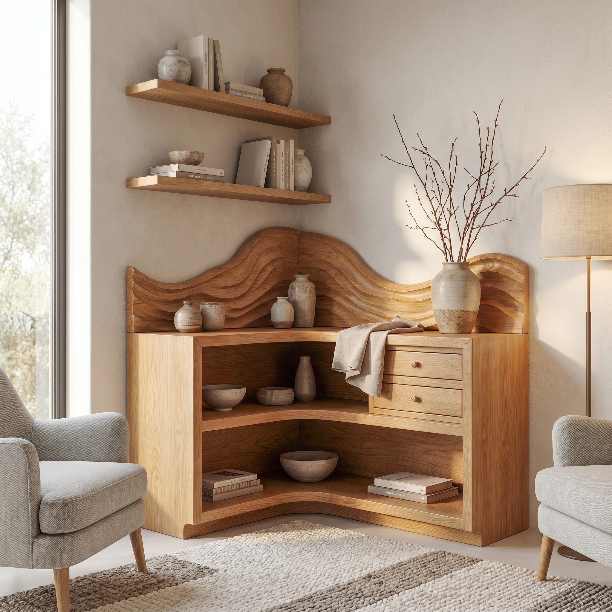 Rustic Corner Bookshelf With Arched Open Shelves And Drawer Storage For Living Room And Bedroom