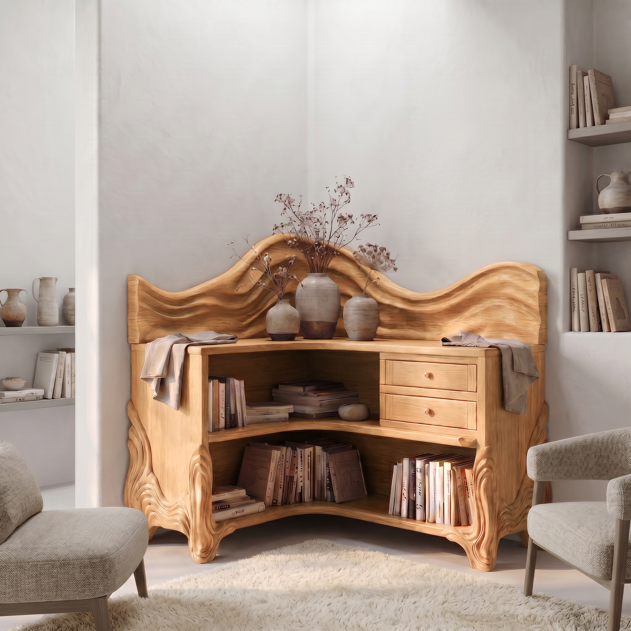 Rustic Wave Top Corner Bookshelf With Sculptural Wooden Shelves And Open Storage For Living Room And Bedroom