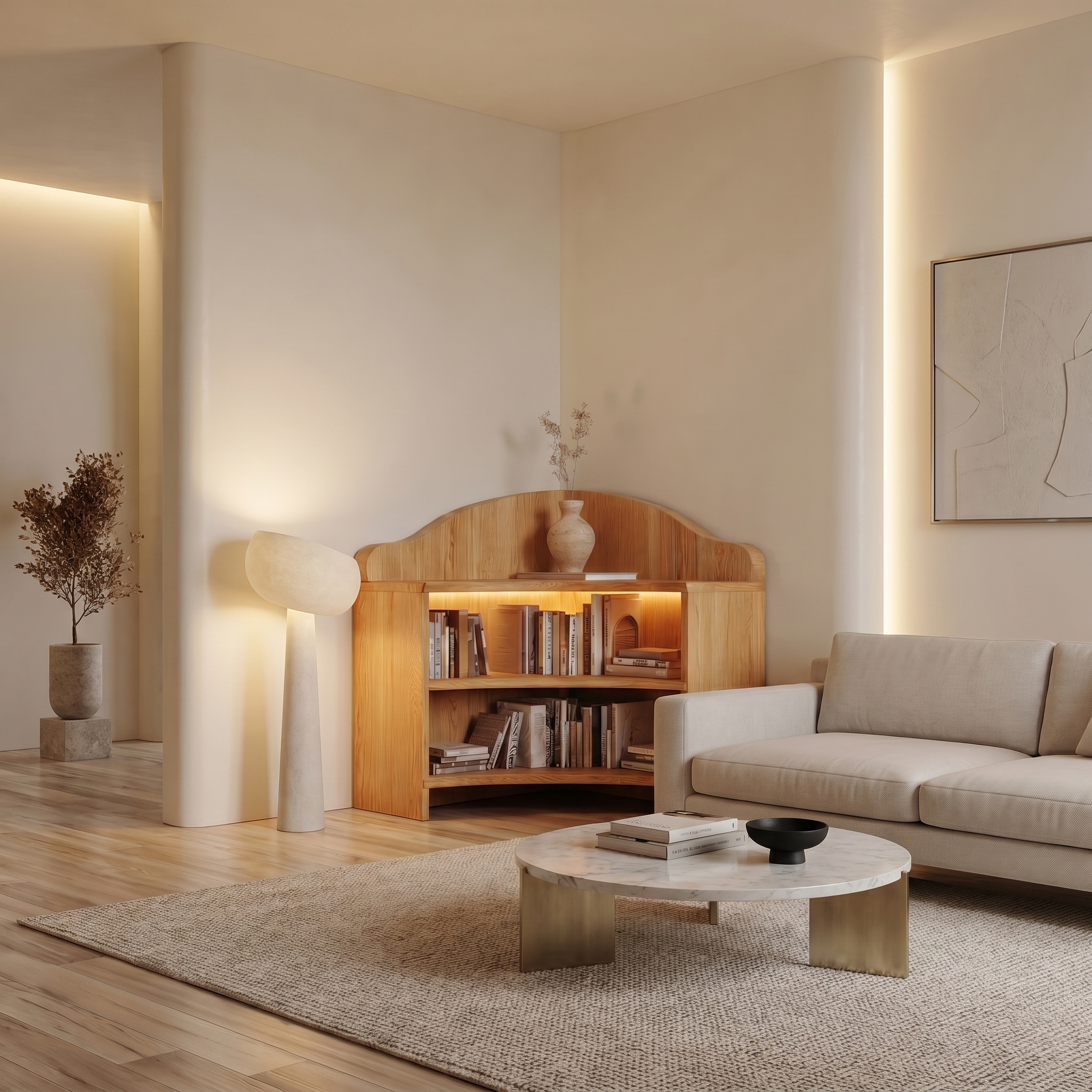 Minimal Corner Bookshelf With Clean Wooden Structure For Living Room