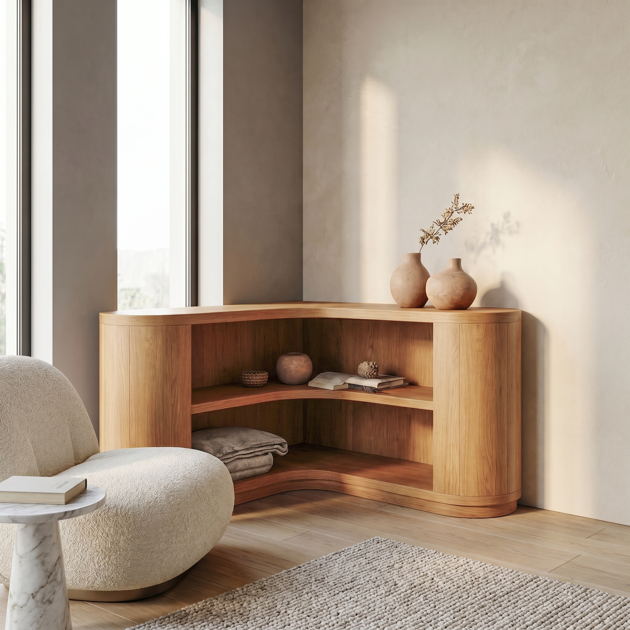 Scandinavian Corner Bookshelf With Simple Wooden Structure For Living Room