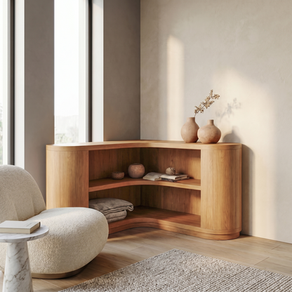 Scandinavian Corner Bookshelf With Simple Wooden Structure For Living Room