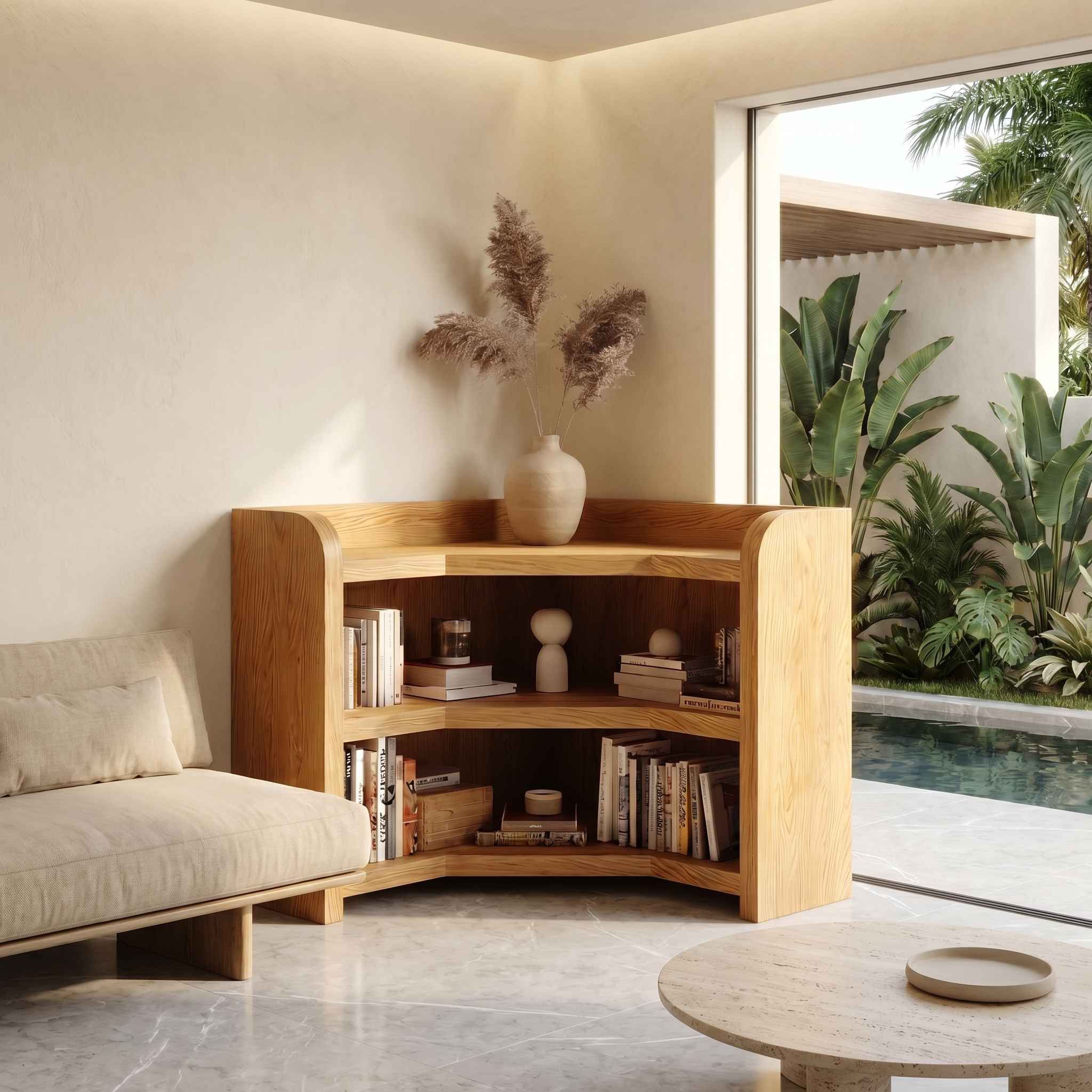 Natural Wooden Bookshelf With Rounded Edges And Open Shelves For Living Room And Bedroom