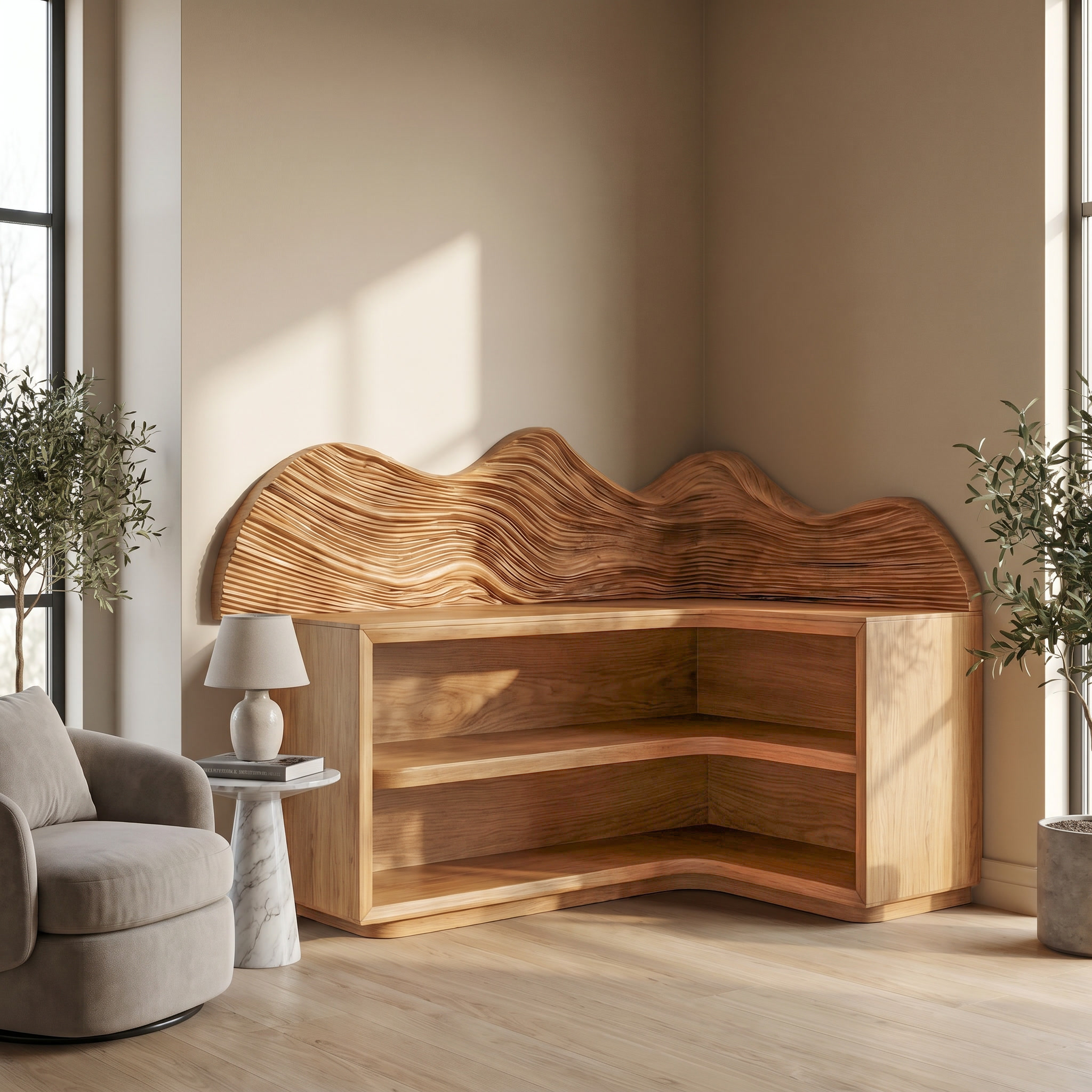Contemporary Corner Bookcase With Sculptural Wooden Shelves For Living Room