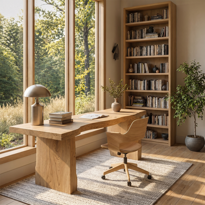 Rustic Desk With Live Edge Top And Sculptural Tree Stump Base For Home Office