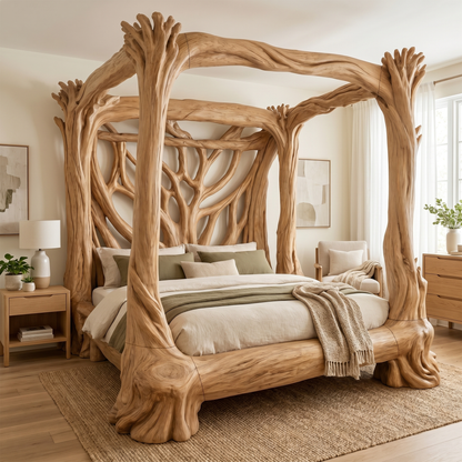 Organic Sculptural Canopy Bed With Handcrafted Tree Branch Wood Frame For Bedroom Decor