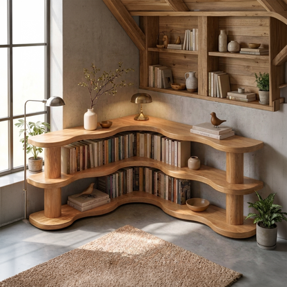 Rustic Modern Corner Bookshelf With Multi Tier Wooden Shelves For Living Room And Bedroom