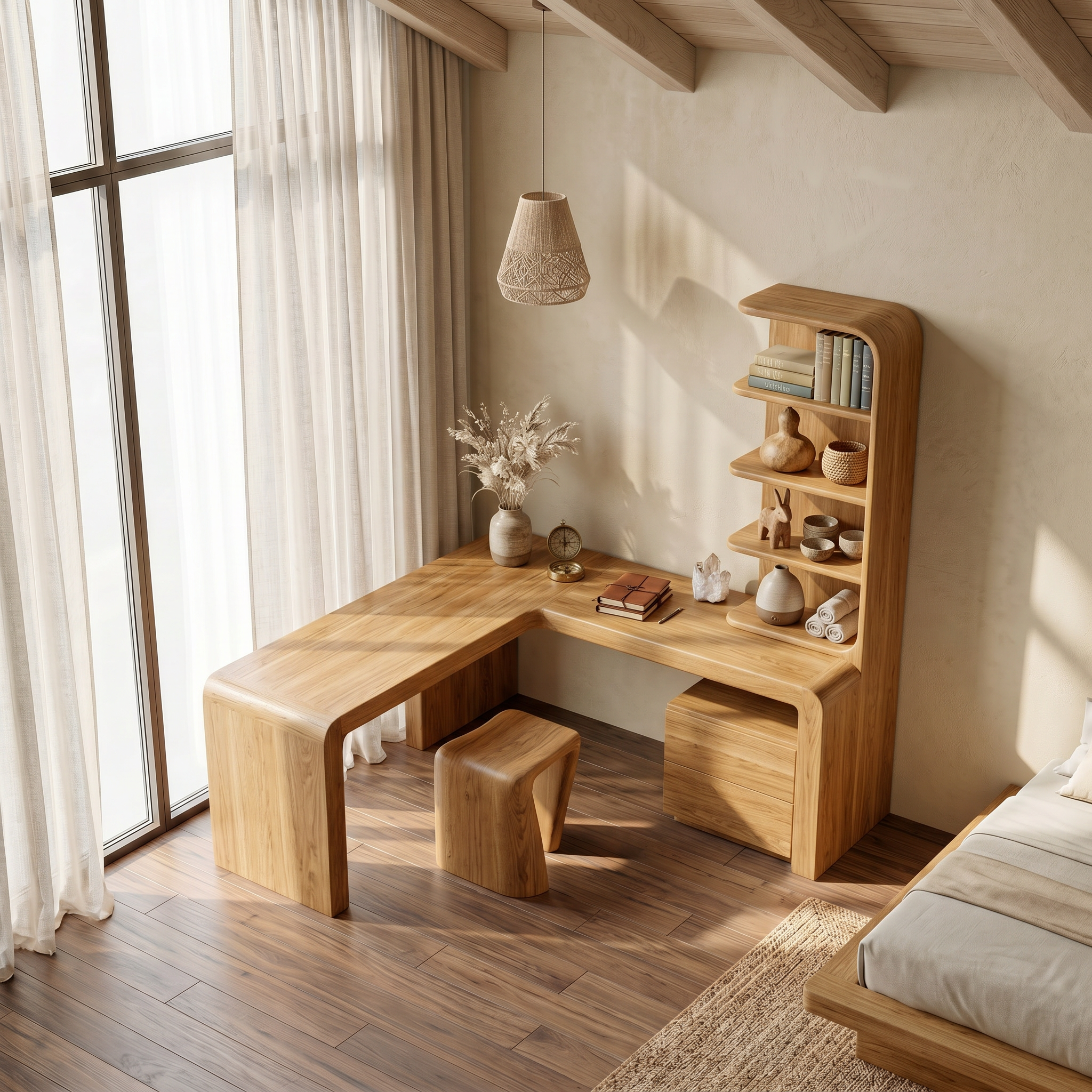 Organic Desk With Storage Shelves And Cabinet For Home Office