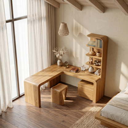Organic Desk With Storage Shelves And Cabinet For Home Office