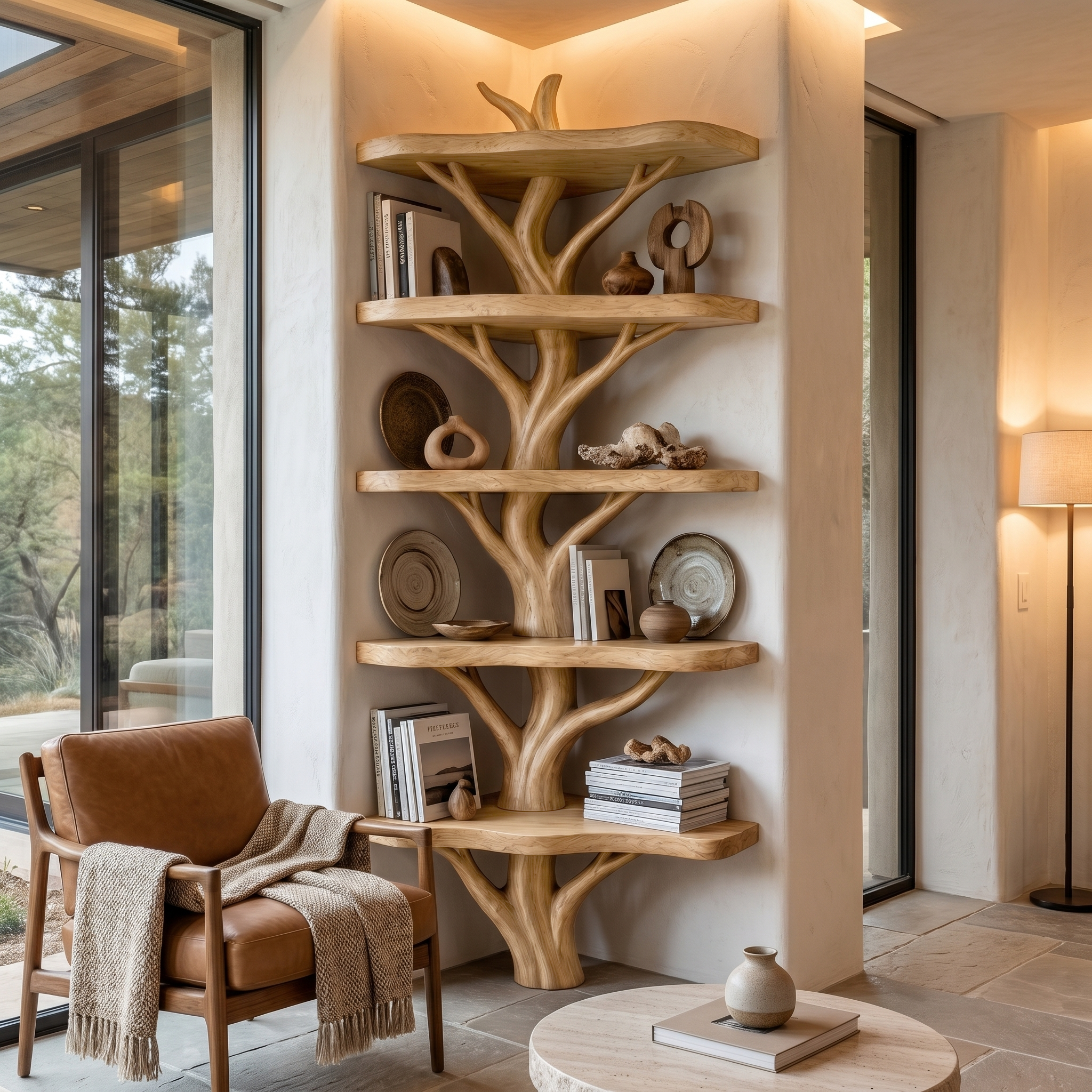 Sculptural Tree Bookshelf With Multi Tier Open Shelving For Reading Corner