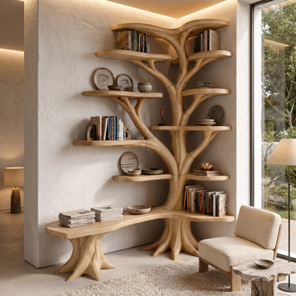 Organic Tree Bookshelf With Sculptural Branch Design And Multi Tier Display Shelves For Living Room.