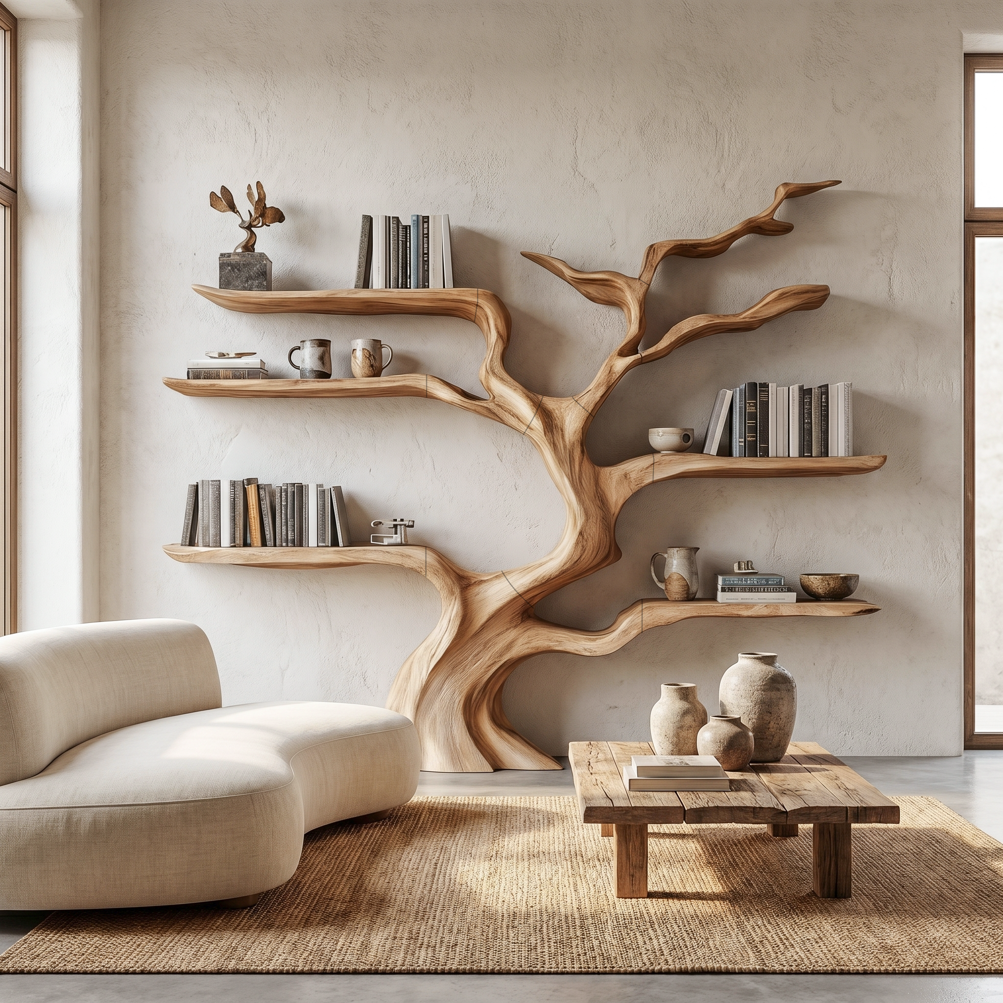 Nature Inspired Tree Bookshelf With Floating Wooden Shelves For Living Room Decor
