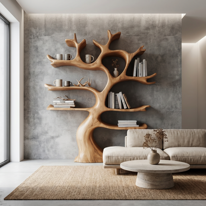 Organic Modern Tree Wall Shelf With Branch Inspired Storage For Living Room
