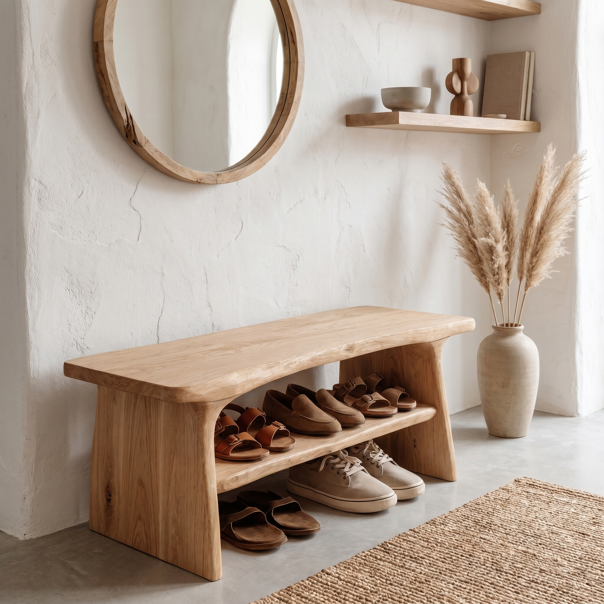 Rustic Shoe Bench With Natural Wood Storage For Entryway