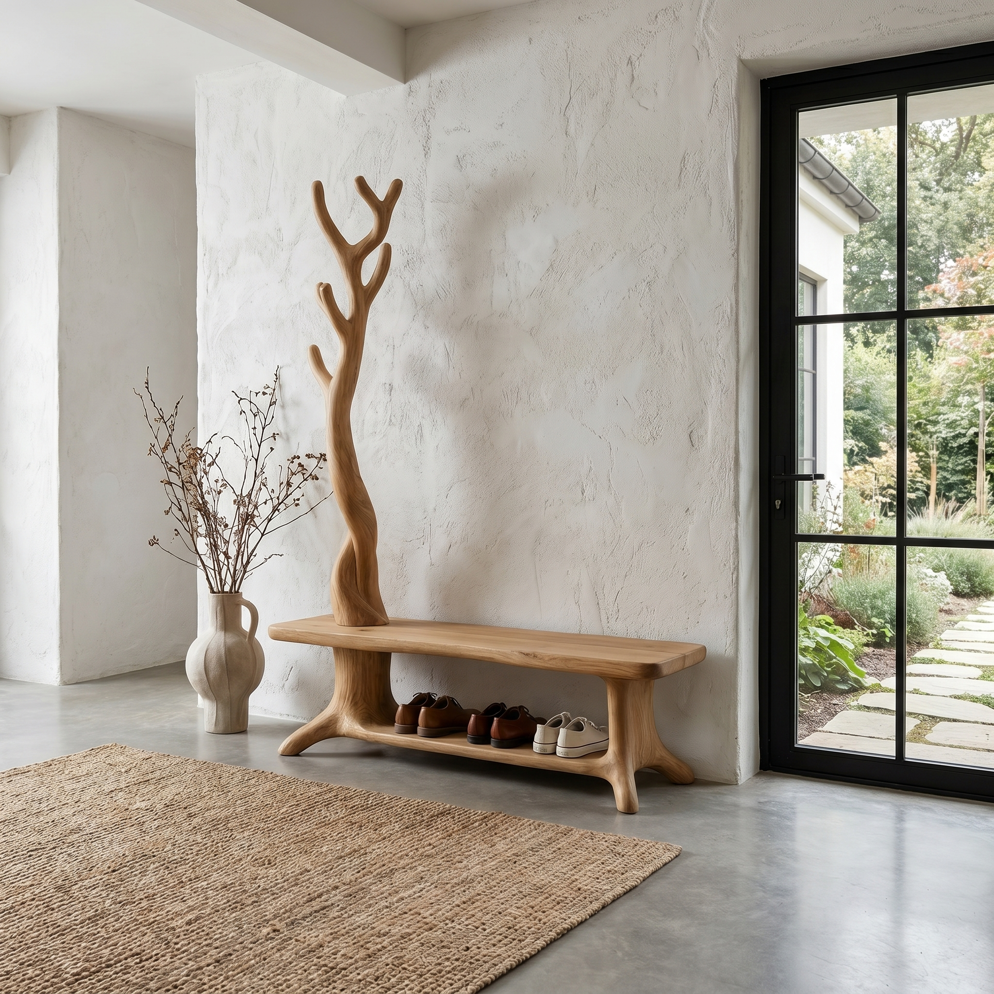 Rustic Shoe Storage Bench With Branch Coat Rack For Entryway