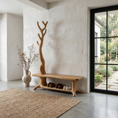 Rustic Shoe Storage Bench With Branch Coat Rack For Entryway