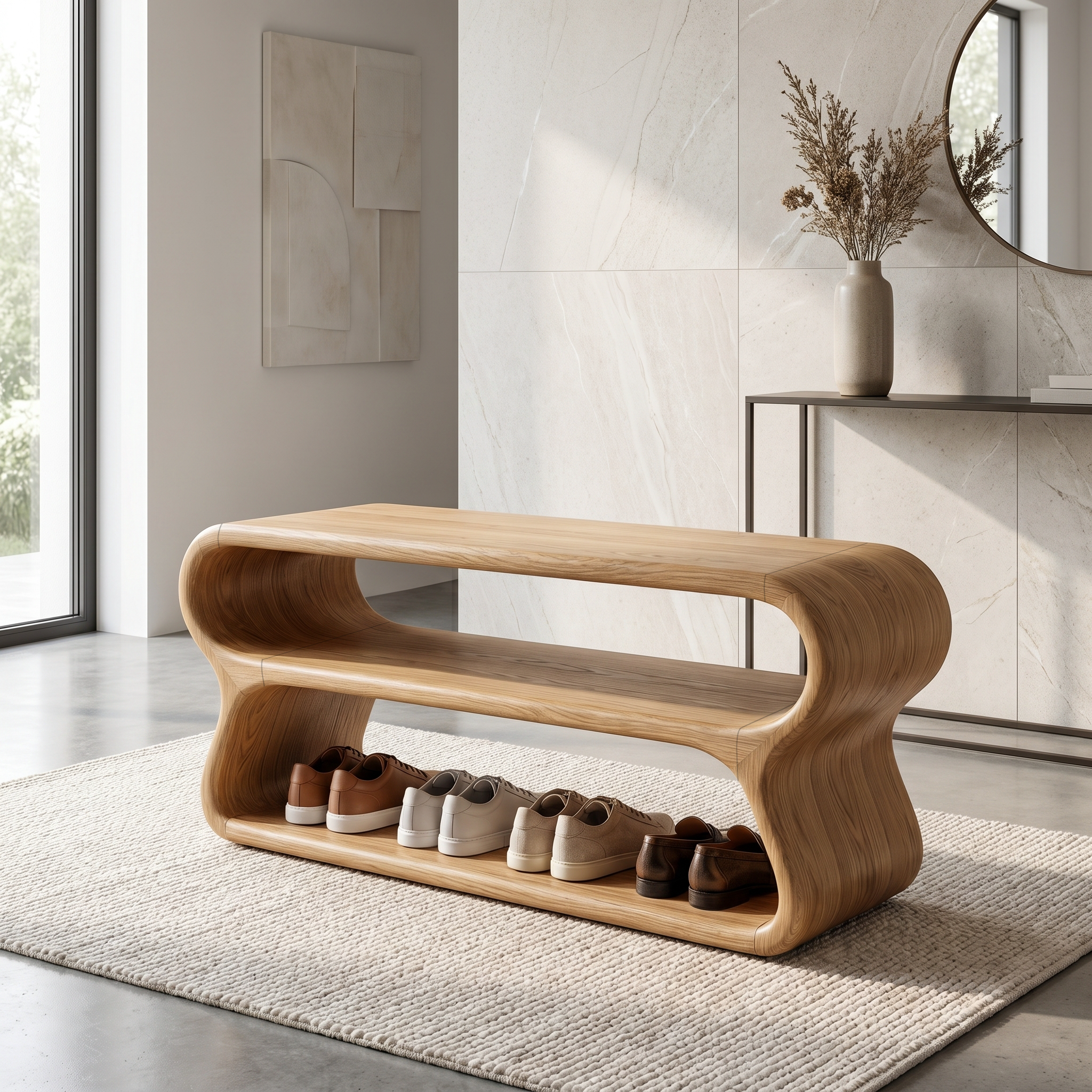 Contemporary Shoe Bench With Open Storage Compartments For Hallway