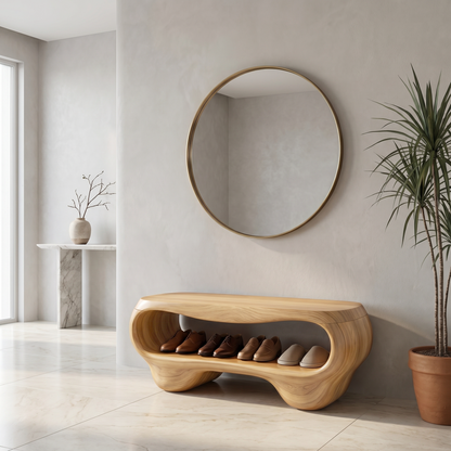 Organic Shoe Bench With Rounded Storage Shelves For Entryway