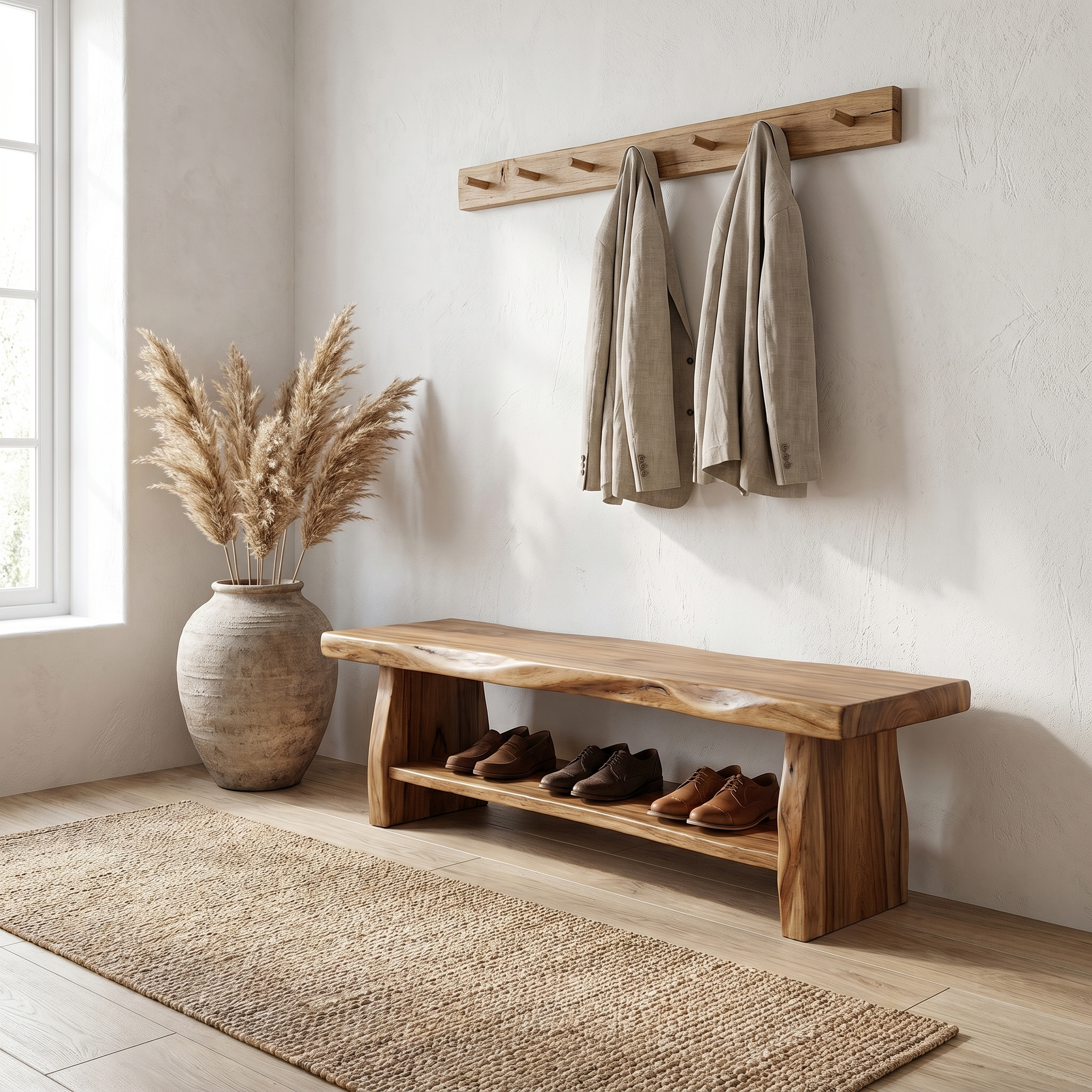 Rustic Shoe Bench Natural Wood Storage For Entryway