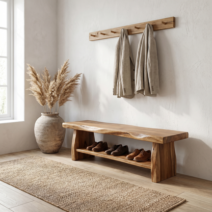 Rustic Shoe Bench Natural Wood Storage For Entryway