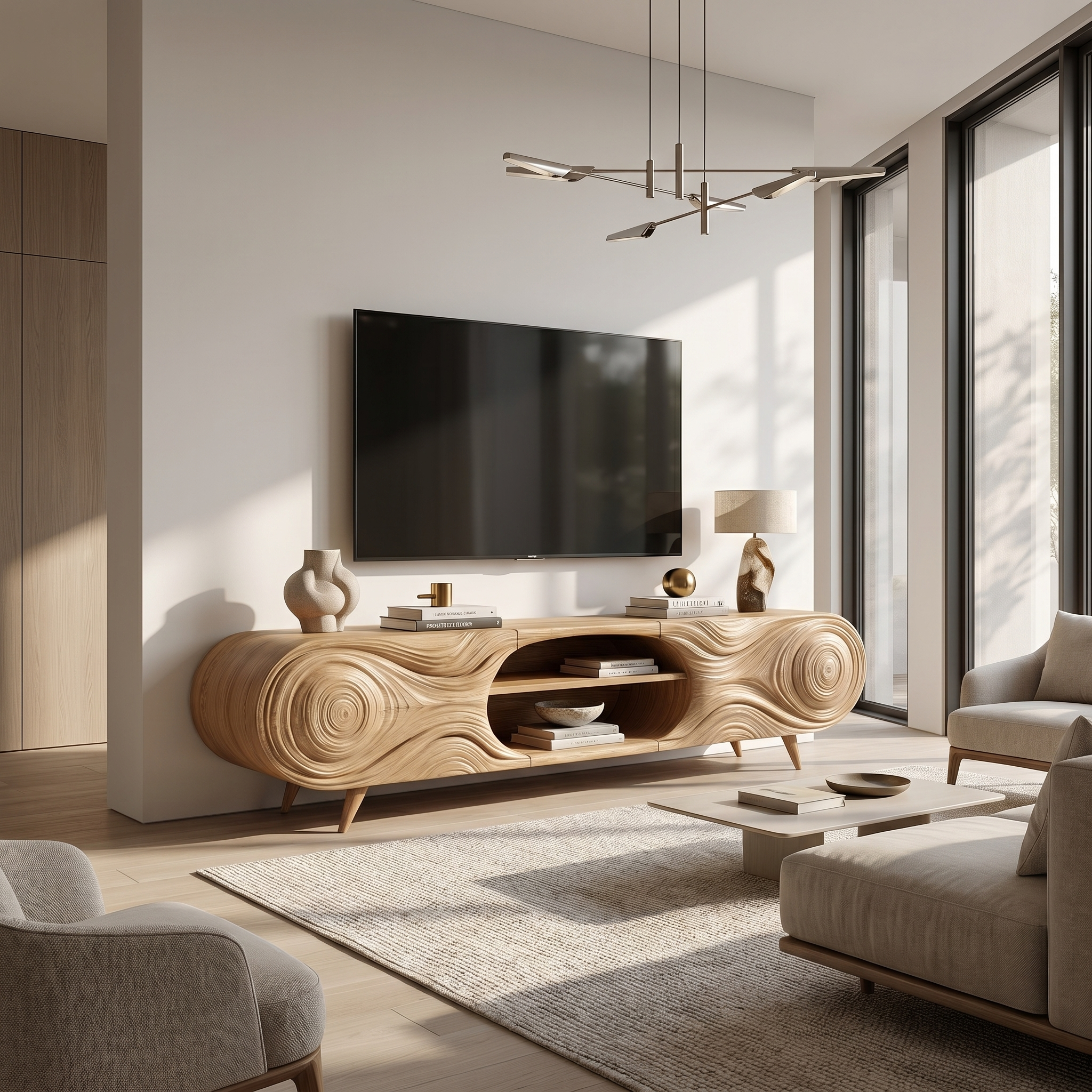 Organic Modern TV Cabinet Sculptural Wood Grain Design For Living Room