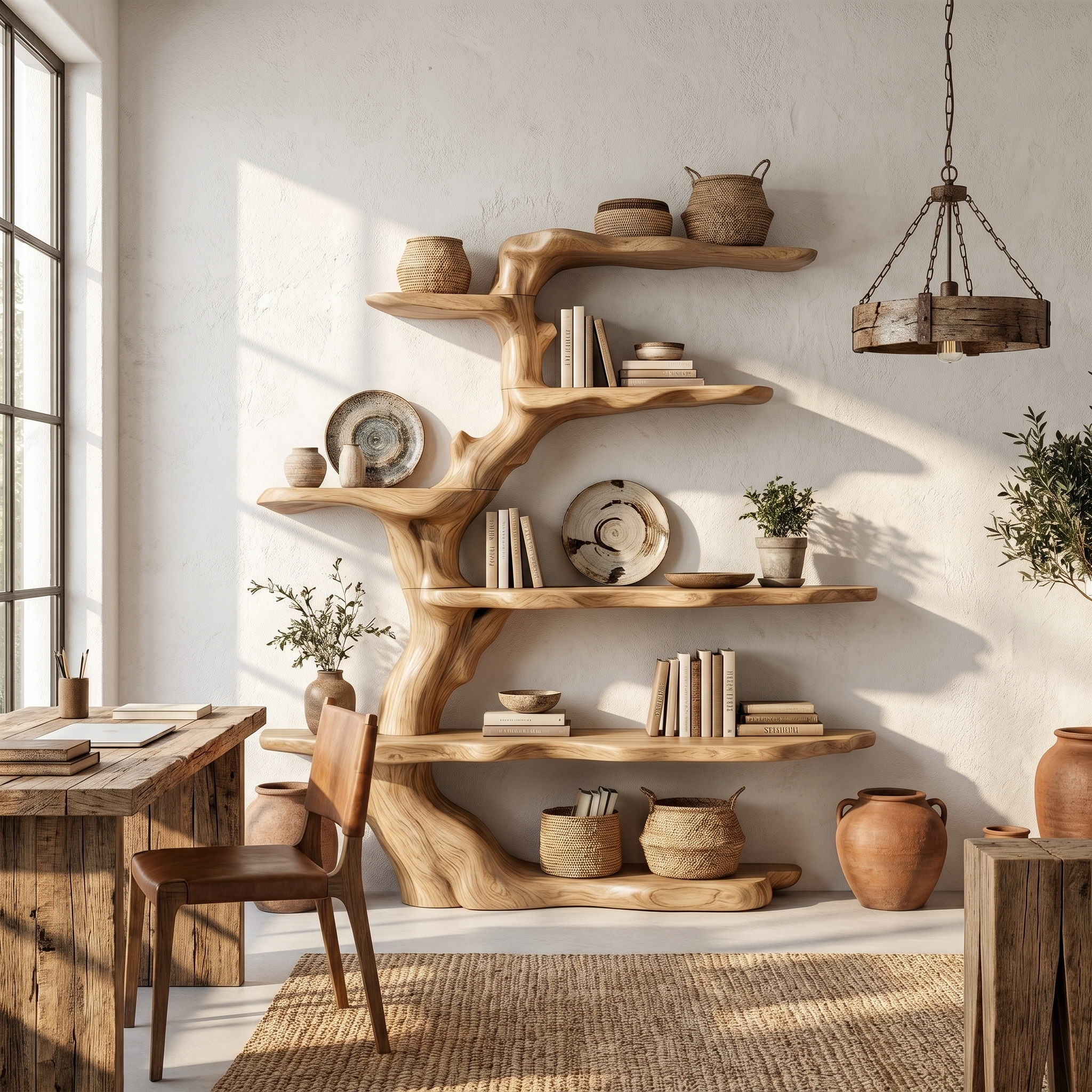 Sculptural Tree Bookshelf Natural Wood Storage For Reading Nook
