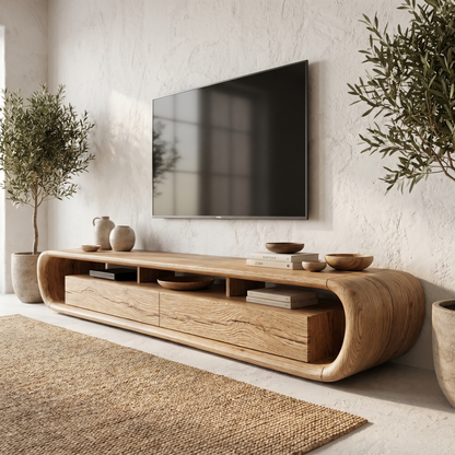 Organic TV Cabinet With Built In Storage And Rounded Curved Edges For Living Room